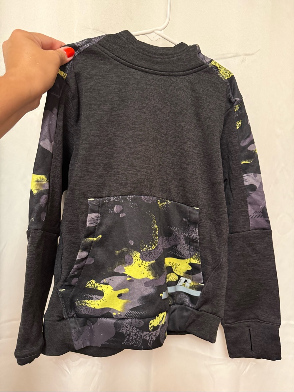Russell Athletic Kids Dark Gray Hoodie with Yellow Camo Pocket